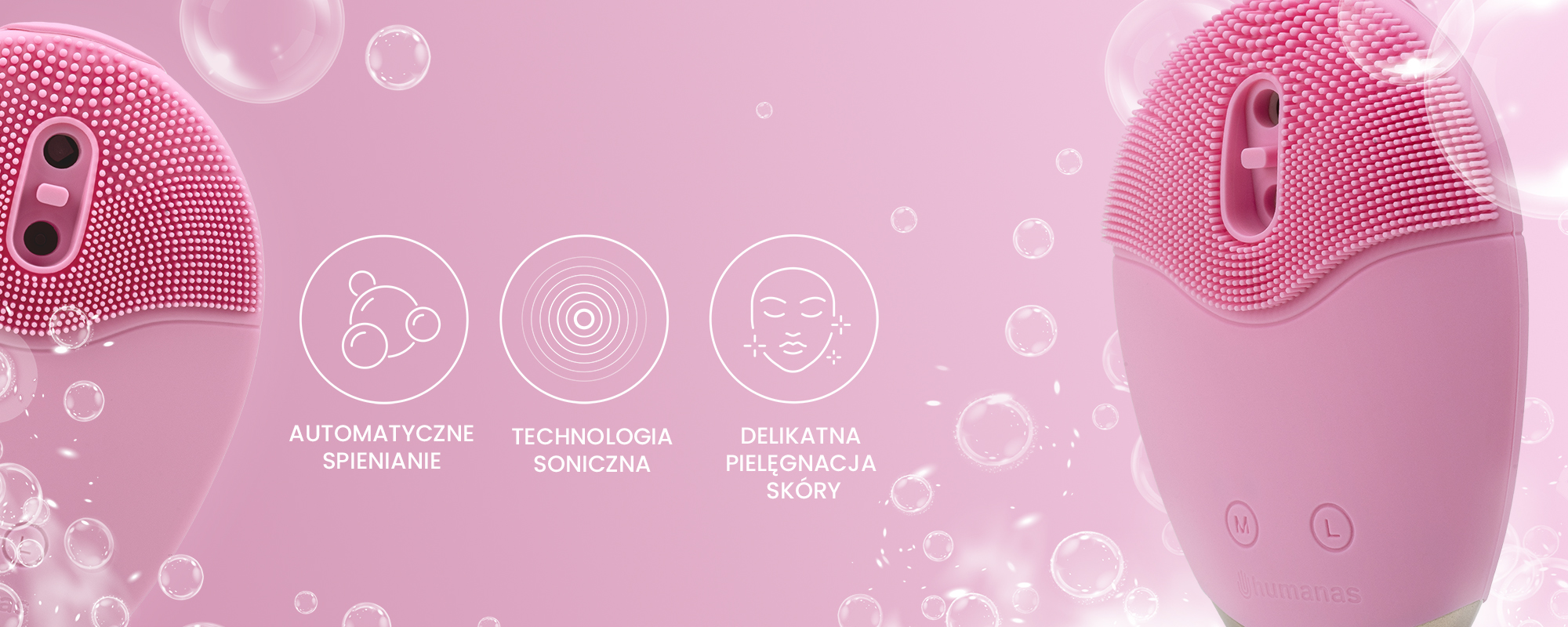 Szczoteczka soniczna do pielęgnacji twarzy Humanas Aura Foam - różowa
